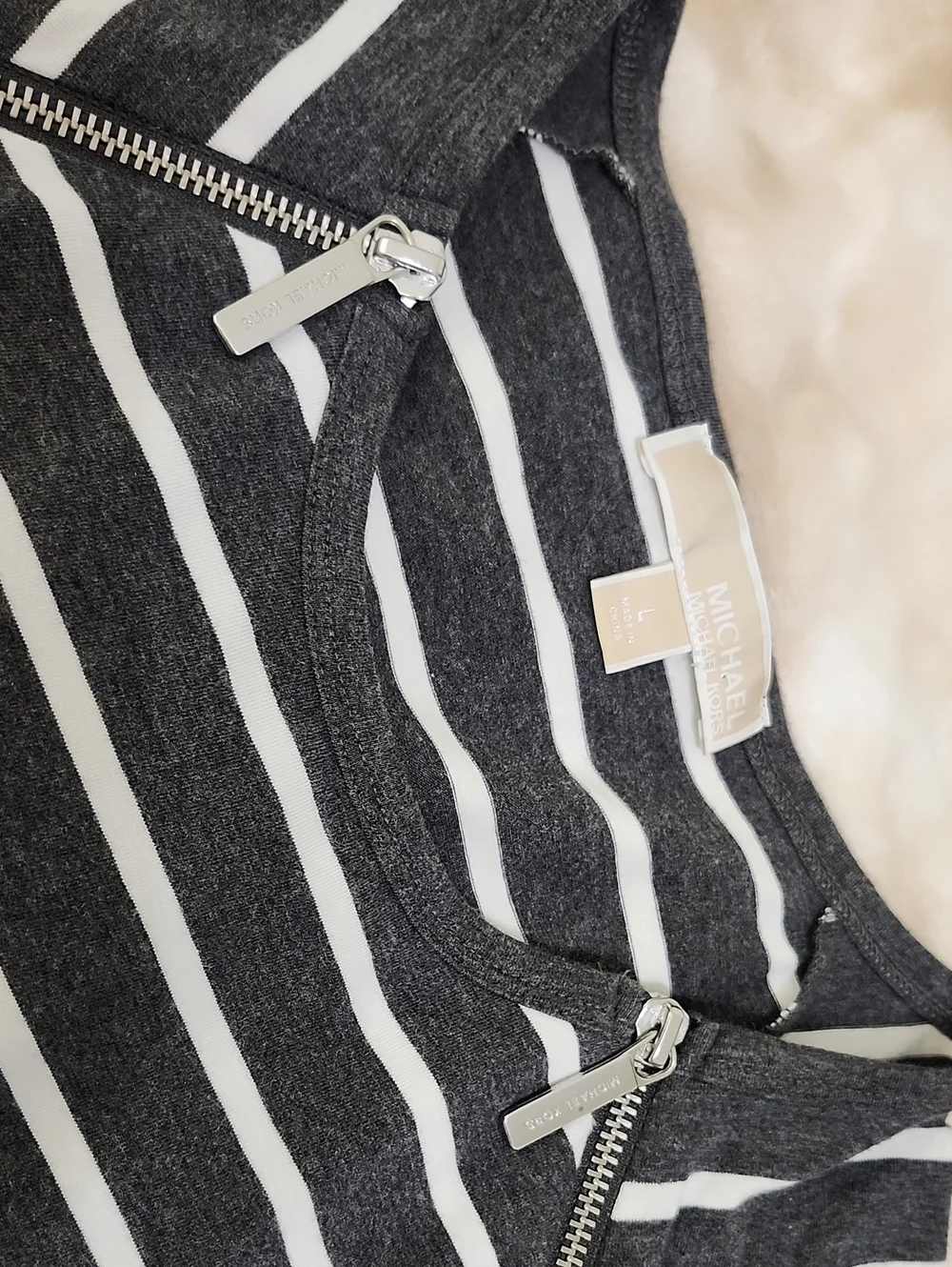 Michael Kors Gray and White Striped 3/4 Sleeve Zipper Raglan Tee Shirt